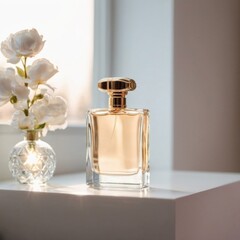 bottle of perfume on white platform , light background behind .  Ai generated