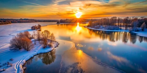 Fototapeta premium A frozen lake or river with a warm sunset glow, and a sense of peace and tranquility, shot from directly above, creating a sense of symmetry and order.