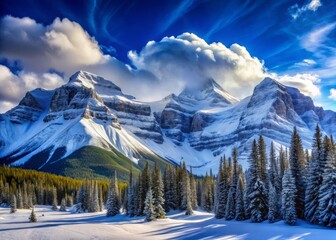 Snow-covered mountains of the Canadian Rockies, Alberta, Canada majestic mountain range under a deep blue sky with wispy clouds, snowflakes lightly falling on the rugged terrain.