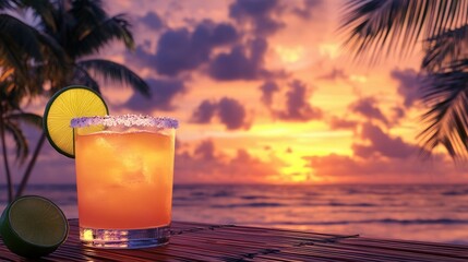 Tropical Beach Sunset with Margarita on a Bamboo Table, Palm Trees, and Golden Ocean Reflections. AI generated illustration