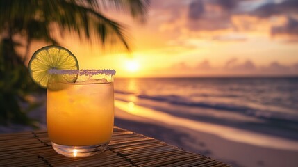 Tropical Beach Sunset with Margarita on a Bamboo Table, Palm Trees, and Golden Ocean Reflections. AI generated illustration