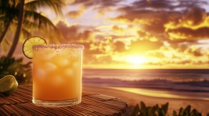 Tropical Beach Sunset with Margarita on a Bamboo Table, Palm Trees, and Golden Ocean Reflections. AI generated illustration