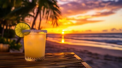 Tropical Beach Sunset with Margarita on a Bamboo Table, Palm Trees, and Golden Ocean Reflections. AI generated illustration