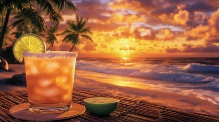 Tropical Beach Sunset with Margarita on a Bamboo Table, Palm Trees, and Golden Ocean Reflections. AI generated illustration