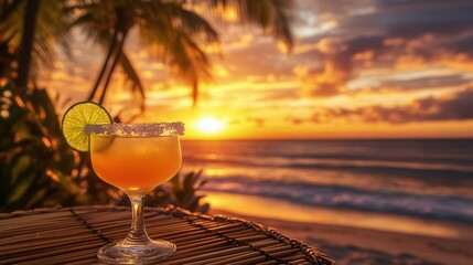 Tropical Beach Sunset with Margarita on a Bamboo Table, Palm Trees, and Golden Ocean Reflections. AI generated illustration