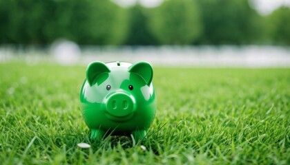 Piggy bank on green grass . Generative ai. AI