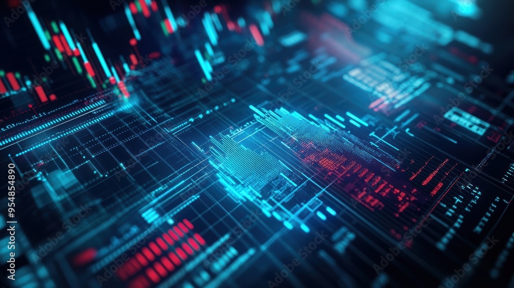 Poster hyperrealistic 3d loop of a digital stock market board with scrolling numbers and fluctuating graphs