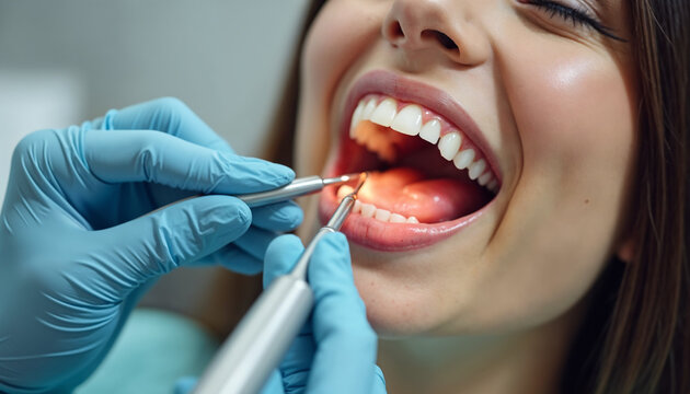 Close-up portrait of female patient with open mouth in modern dentistry clinic during medical check up in medical center. Dentist examining young woman teeth with dental tools. Dental health care.