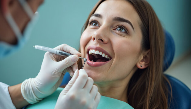 Close-up portrait of female patient with open mouth in modern dentistry clinic during medical check up in medical center. Dentist examining young woman teeth with dental tools. Dental health care.