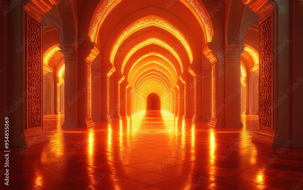Poster illuminated archway corridor with intricate architectural details - 3d render