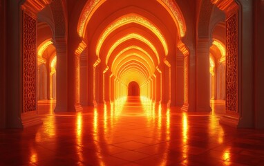 Illuminated Archway Corridor with Intricate Architectural Details - 3D Render
