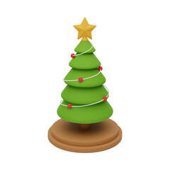 3d cute Christmas decorated pine tree on a podium. New year tree with red balls and golden star on top, isolated on white background. 3d rendered Christmas tree icon. Vector illustration