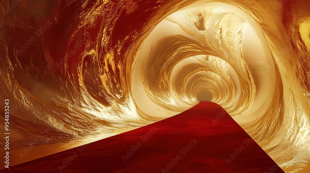 Poster abstract gold and red tunnel with red carpet path - 3d rendered digital art