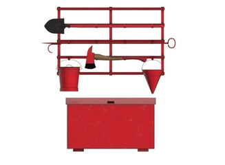 fire equipment wall isolated with sandbox, buckets, shover and axe