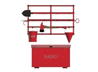 fire equipment wall isolated with sandbox, buckets, shover and axe