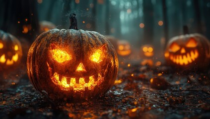 Fototapeta premium Halloween pumpkins in a dark forest with glowing faces. Halloween concept background. Spooky night scene. 