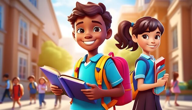 3D student girl and boy wearing a backpack in school by ai generated