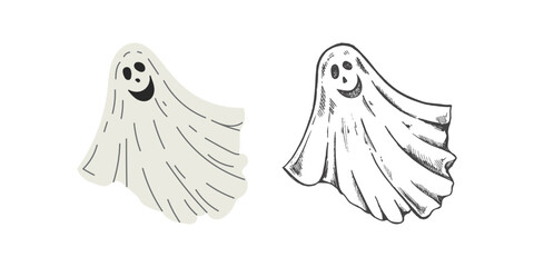 Hand drawn sketch and flat style ghost isolated on white background. Scary white ghost. Happy Halloween. Cute vintage spooky character.  Vector illustration for posters, decoration and print.
