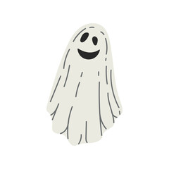 Flat style  ghost isolated on white background. Scary white ghost. Happy Halloween. Cute vintage spooky character.  Vector illustration for posters, decoration and print.