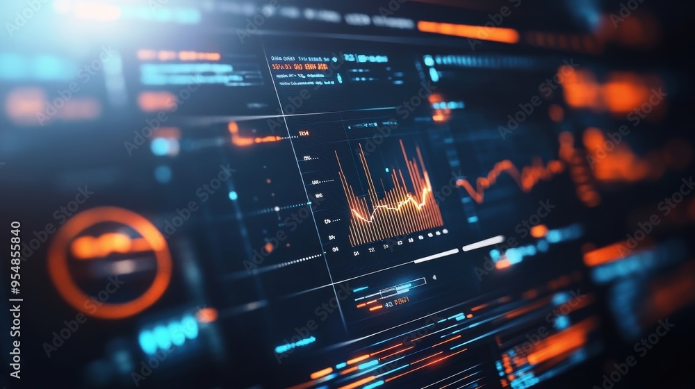 Poster looping animation of a financial dashboard with real-time data streams, line graphs, and pie charts,