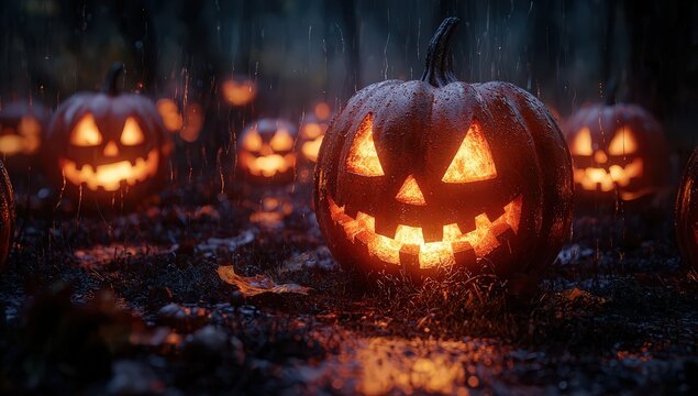 Halloween pumpkins in a dark forest with glowing faces, a spooky scene, Halloween concept