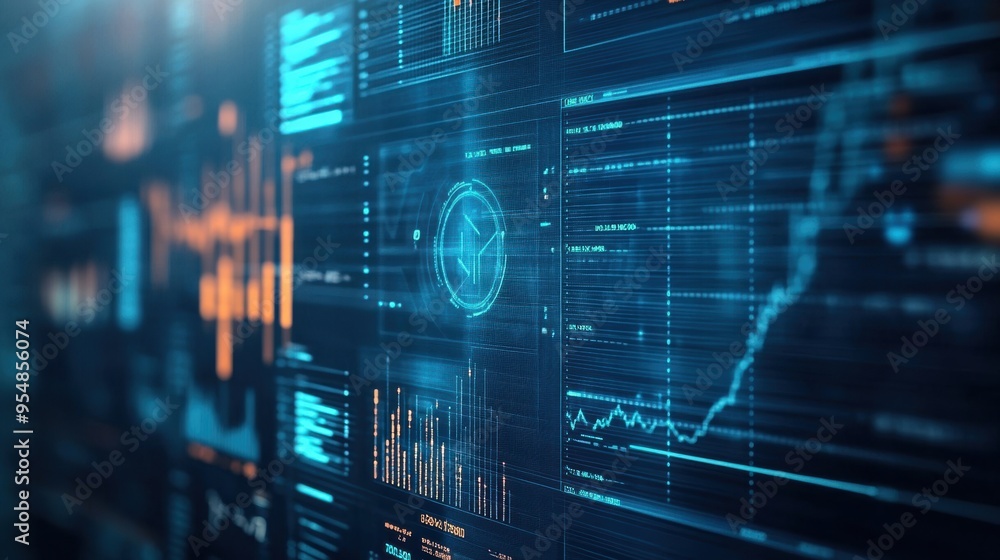 Poster looping animation of a financial dashboard with real-time data streams, line graphs, and pie charts,