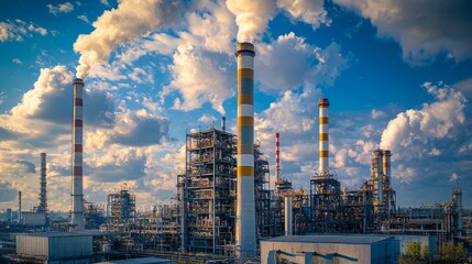 Fototapeta premium Industrial plant with chimneys against a bright blue sky