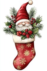 Watercolor illustration of Santa Claus in a red stocking with holly leaves, set against a gold snowflake-patterned background