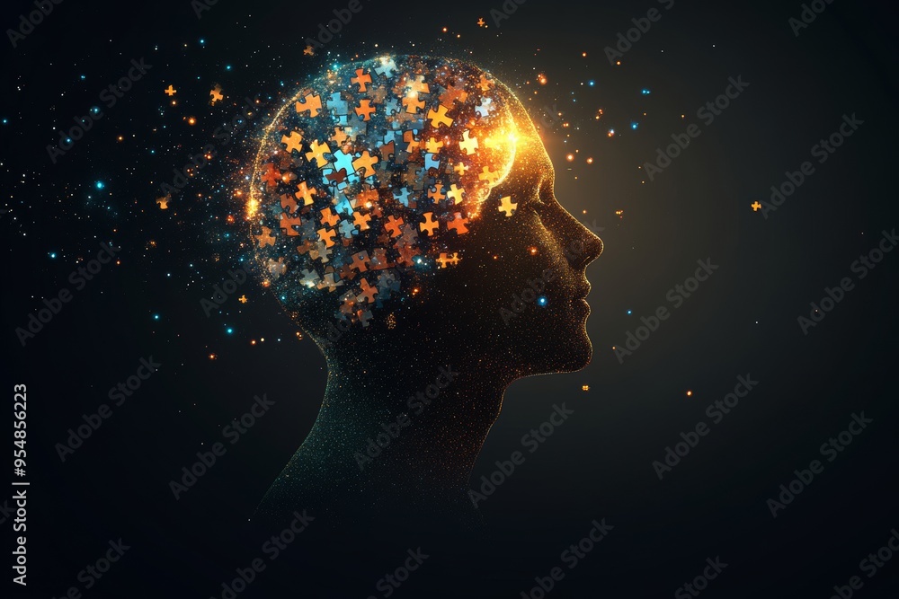 Aufkleber ltd reward system activation abstract profile of a person with colorful particles representing the e