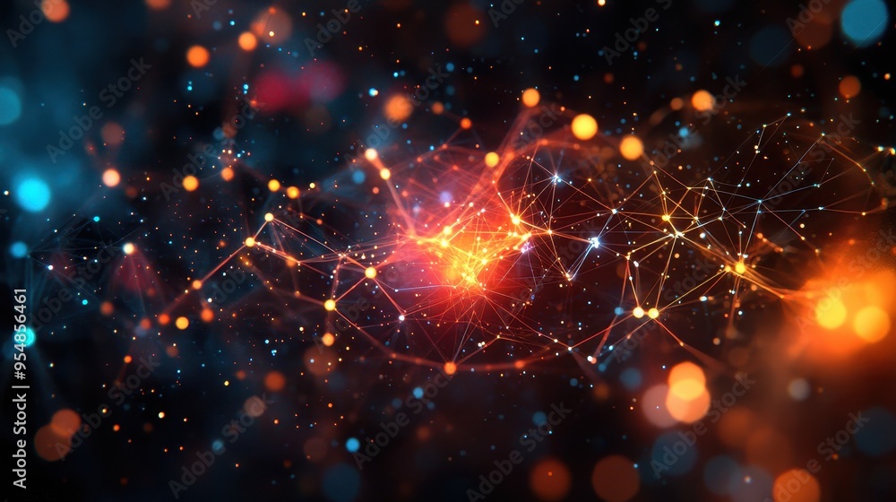 Poster abstract digital network with glowing lights and bokeh effect - futuristic technology background.