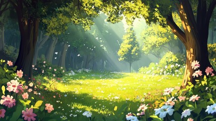 Fototapeta premium Sunbeams Through Trees in a Lush Green Forest with Flowers - Watercolor Painting.