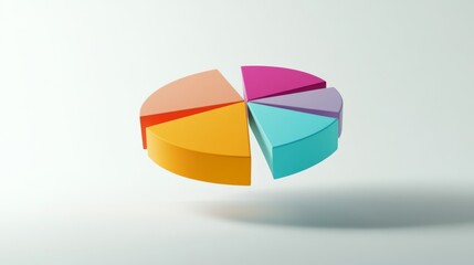 Obraz premium 3D pie chart with vibrant segments floating in mid-air, set against a white minimalist background