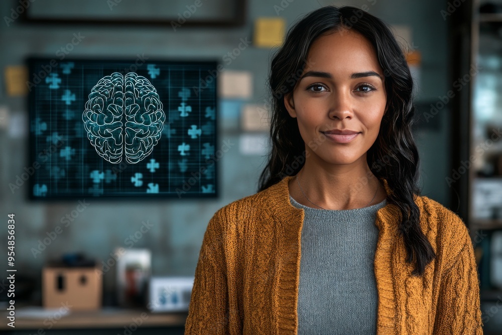 Poster psychoneuroimmunology reward system activation portrait of a confident woman in a futuristic lab set