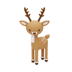 3D vector deer. A cute character with a white breast and spots. Cartoon character in 3D plastic style. Cute forest animal. Vector illustration isolated on white background.