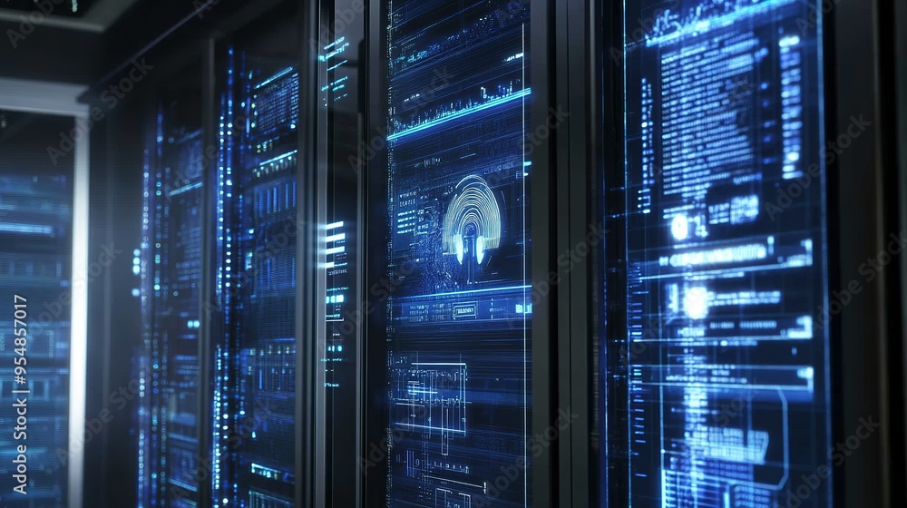 Poster modern data center filled with high-tech servers displaying vibrant blue graphics and digital interf