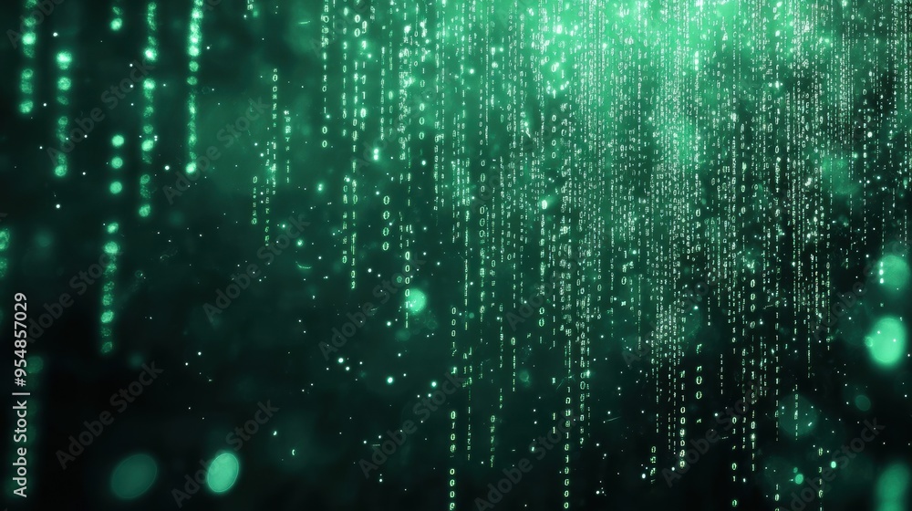 Poster a binary code stream in green, cascading down like digital rain, reminiscent of the matrix