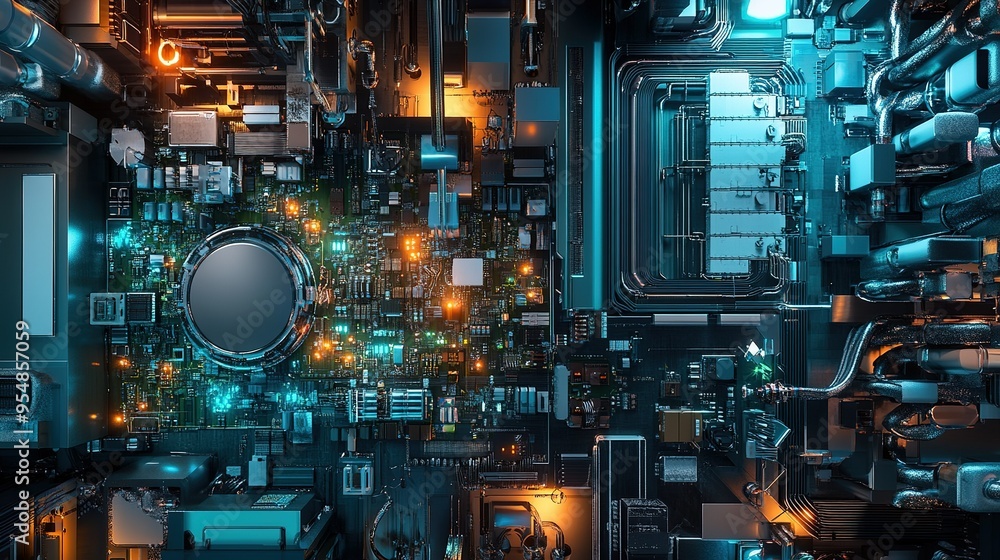 Aufkleber a close-up view of a futuristic circuit board with vibrant lights and intricate components
