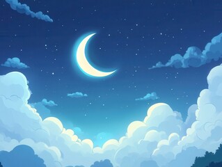 Fototapeta premium Night Sky with Crescent Moon and Clouds - Dreamy Digital Illustration.