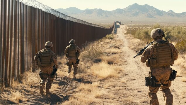 Soldiers Patrol U.S.-Mexico Border Wall in Desert Area with Mountainous Background