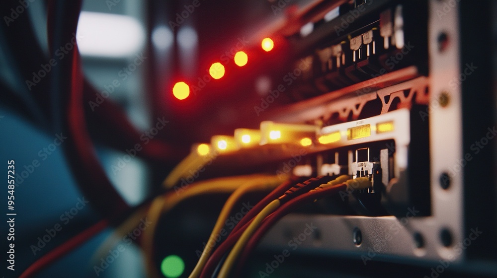 Poster network connections with blinking leds in a server room during late hours, highlighting technologica
