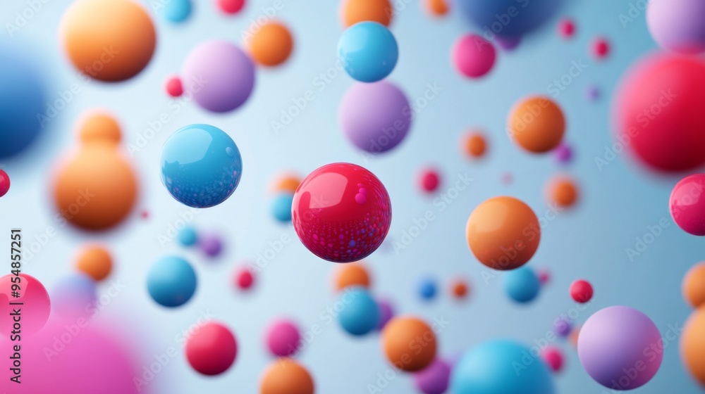 Poster a 3d bubble chart with floating spheres of different sizes and colors, representing data with depth 