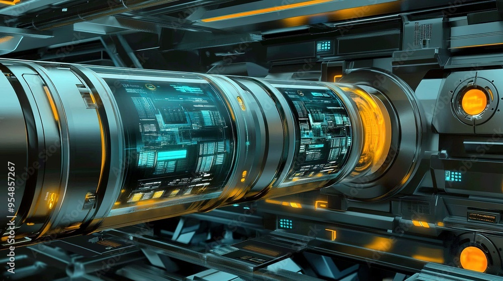 Poster futuristic technology showcasing a cylindrical data conduit with glowing pathways and holographic sc