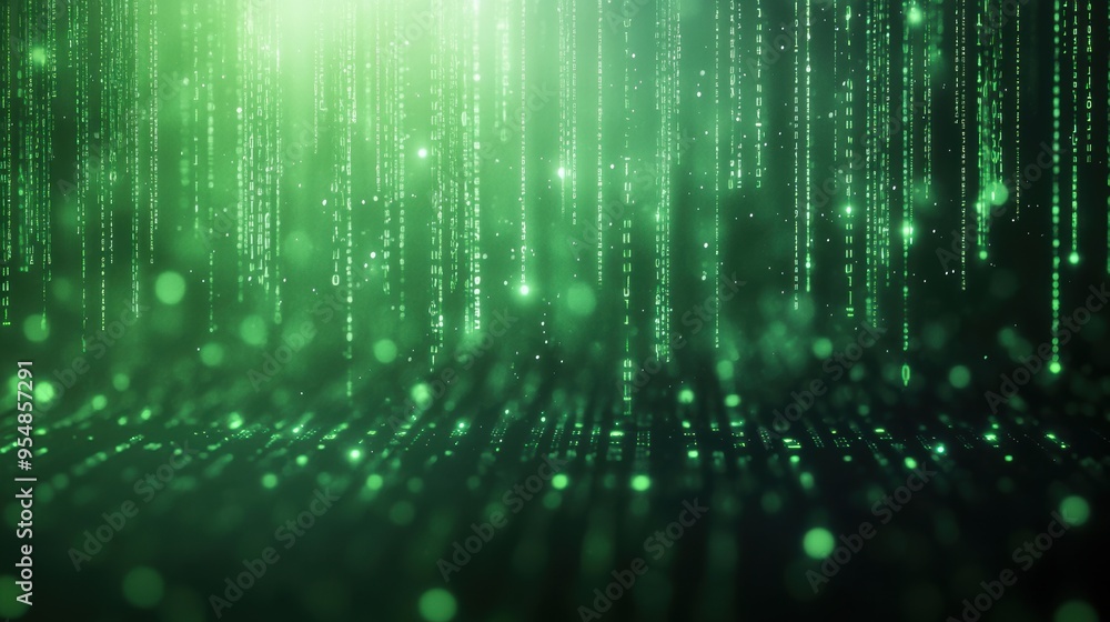 Poster a binary code stream in green, cascading down like digital rain, reminiscent of the matrix