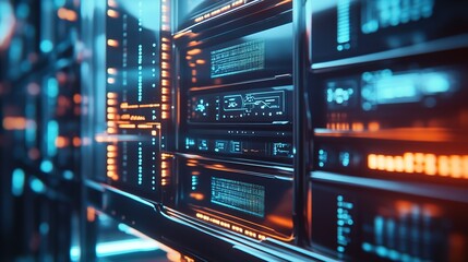 A detailed view of a futuristic data center showcasing bright lights and advanced technology at night