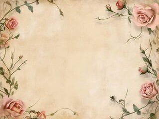 Vintage Floral Background with Pink Roses and Vines on Beige Paper