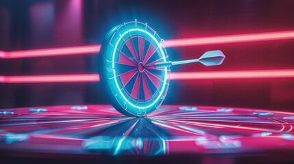 A glowing red and blue dartboard with a glowing arrow pointing to the center