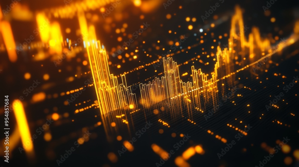 Aufkleber A 3D gold price graph on a dark background, with bars and lines in gold, showing a steady increase in value, ideal for investment themes.