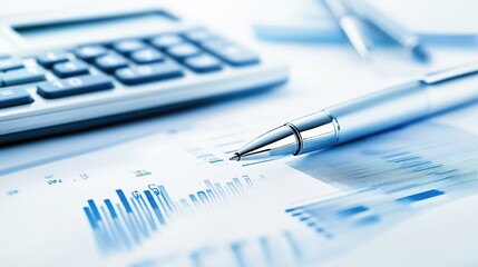 a calculator, ledger, and pen overlaid with transparent financial data, symbolizing accounting and finance