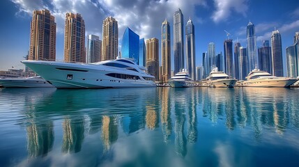 25. **Illustrate the Dubai Marina with its stunning skyscrapers and luxury yachts docked in the...