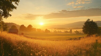 Fototapeta premium Golden Sunrise Over Rolling Hills and a Small Cabin